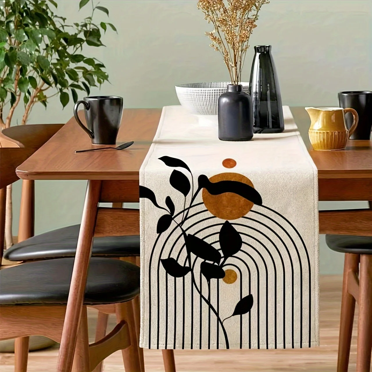 Boho Abstract Geometric Linen Table Runner Dresser Scarf Table Decor Black Leaves Beige Circle Pattern Table Runners Party Decor