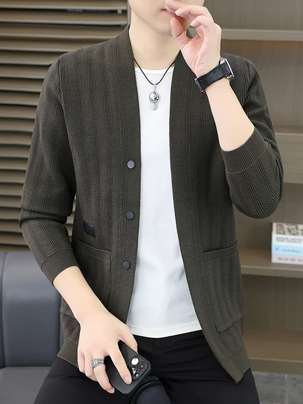 

Мужской вязаный кардиган премиум-класса с V-образным вырезом, в полоску, осенне-зимняя модная верхняя одежда с карманами, свитер-свитшот