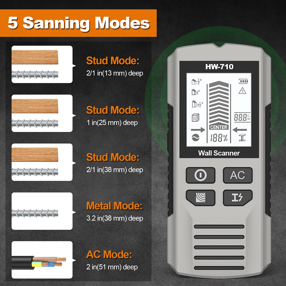 Rilevatore elettronico da parete 6 in 1 Strumento di misurazione portatile multifunzionale Cercatore di legno perni Rilevatore di metalli con scanner a filo sotto tensione