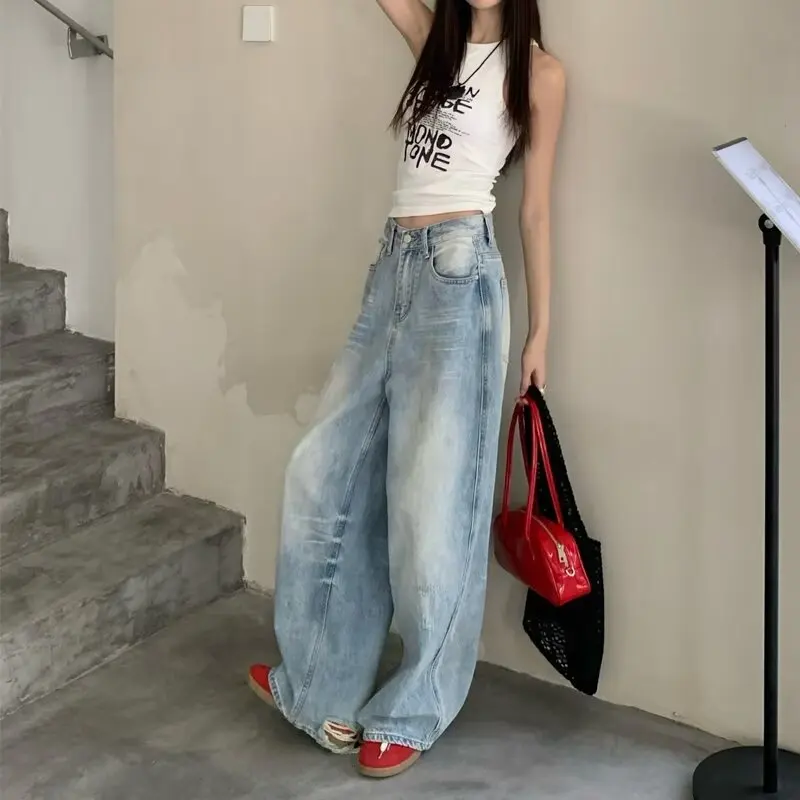 

Женские джинсы с высокой талией и широкими штанинами в американском стиле, выбеленные, винтажные, свободные, прямые, в пол, осенние