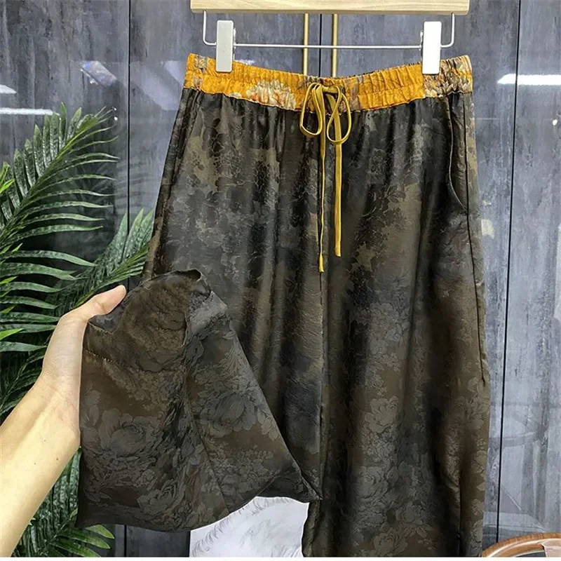 

Retro Fragrant Cloud Yarn Jacquard Pants Women Casual Loose Silk Womens Trouser Summer Elastic Waist Women's Clothing