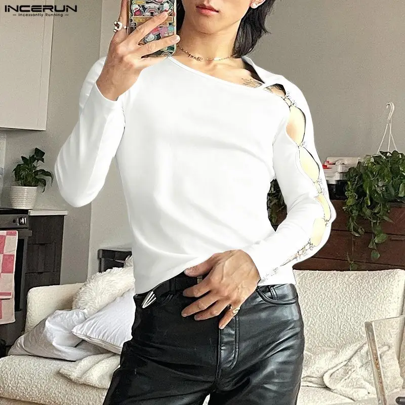 INCERUN Men T Shirt Solid Color Hollow Out Long Sleeve Male Tee Tops Streetwear Sexy 2026 Fashion Casual Men Clothing Camsietas