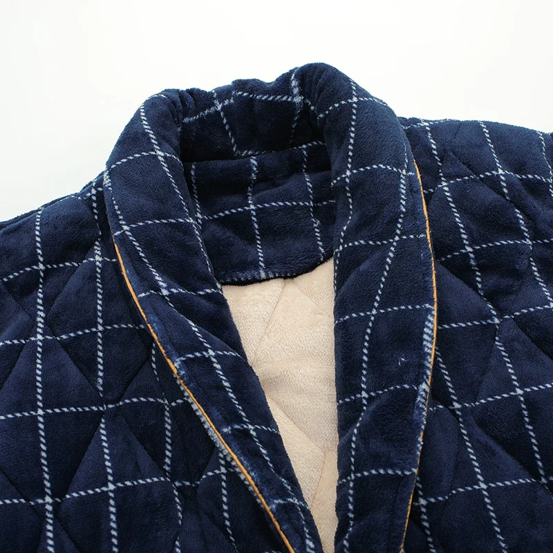 Big Size L-4XL Men Pajamas Set Men Robe Winter 3 Layer Clip Cotton Robe Male Plaid Bath Robe