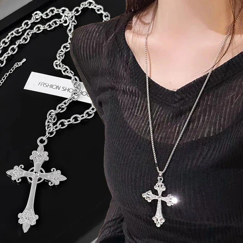 Y2K خمر روز الصليب قلادة مجوهرات القوطية قلادة الفضة سلسلة طويلة الهيب هوب الشارع الإبداعية الأزياء الصليب قلادة قلادة