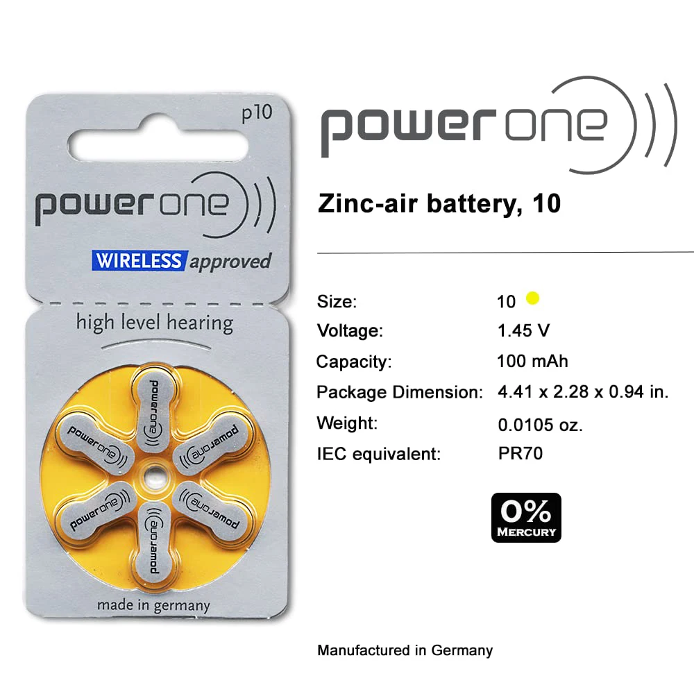 PowerOne-Batterie zinc air pour prothèses auditives, P10, 24.com, 10 cartes, 1.45V, 10A, 10, a10, magasin 48, 60 pièces