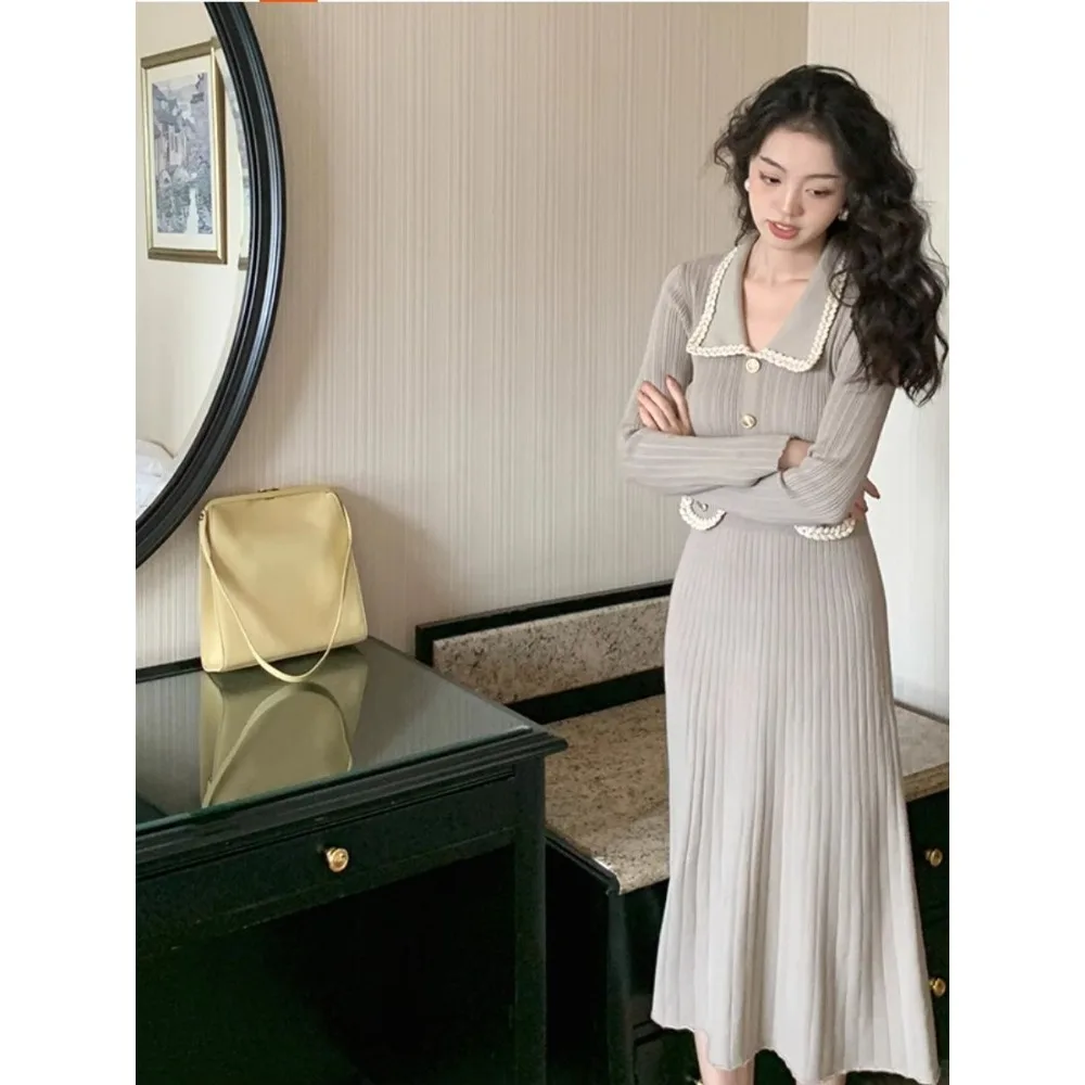 Small Fragrance Style Lapel Slim Knitted Dress for Women's New Autumn and Winter Design High-waist Base Skirt