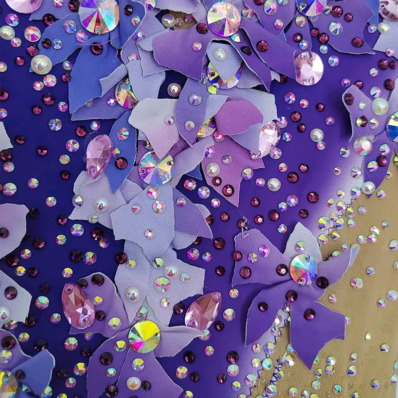 리듬체조 레오타드 보라색 모조 꽃 다이아몬드 진주 소녀 대회 공연 BD1665