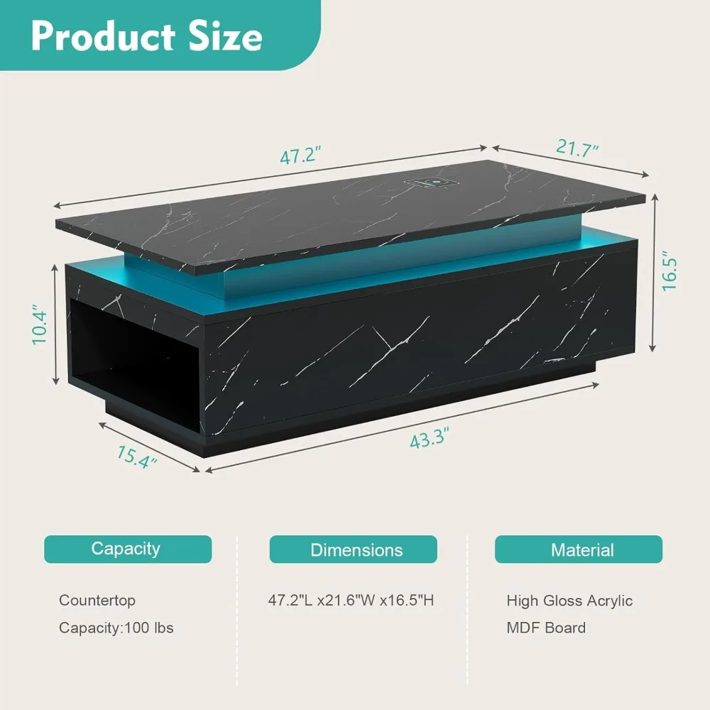 LED Coffee Table with Storage, Black Coffee Table with Wireless Charging and Speaker, High Glossy Modern Center Table with 24 Co