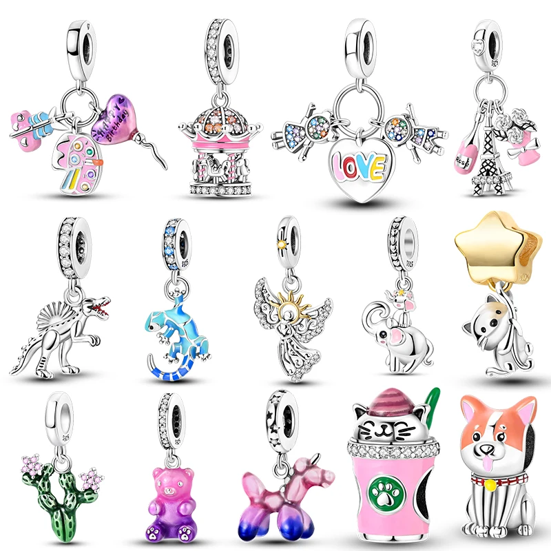 

100% 925 Sterling Silver Cute Corgi Cat Gecko Balloon Carousel Charms Beads Fit Pandora Original Bracelets DIY Birthday Jewelry