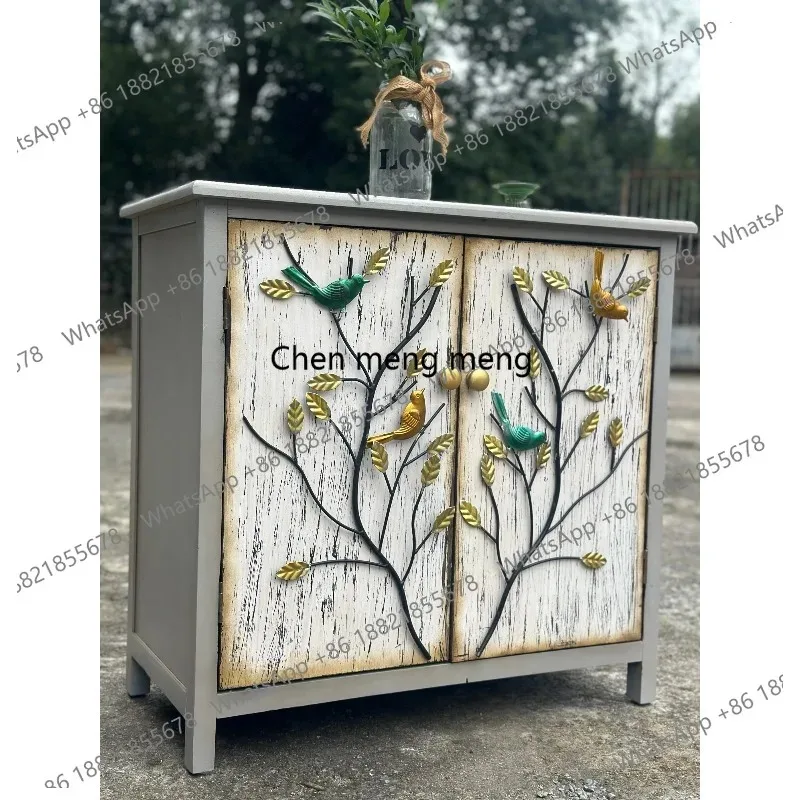 RR Wooden iron flower and bird carved vintage furniture double door two-layer antique cabinet