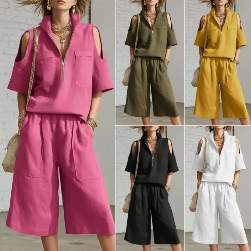 2026 Neue Sommer-Damenbekleidung Zweiteiliges Set Mode Taschen Kurzarm-Shorts Hemd Weite Hosen Lässiges 2-Teiliges Set für Damen