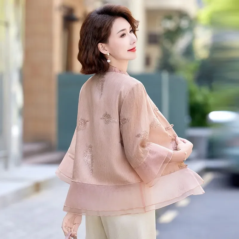 Women's New Chinese Style Embroidered Blouse Middle-aged Mom Summer Thin Shirt Retro Frog Button 3/4 Sleeve Top 4