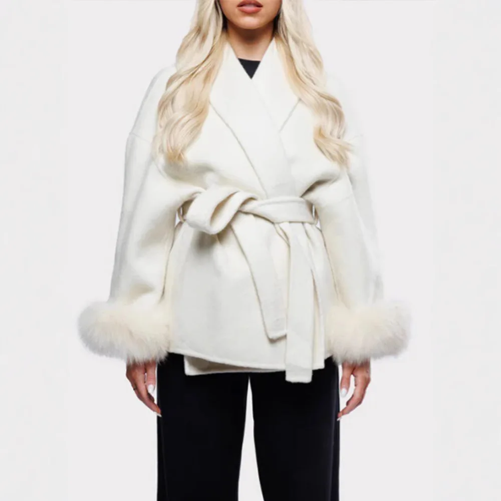 

Ele Fur Sve Cuffed Stand Collar Belted Jaet Spring 2025 Commute Sle Regular Thin Polyester Fabric Women's Coat