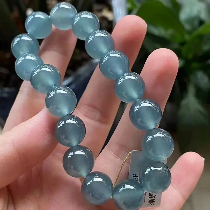 Natural a Cargo Jade Side Jade High Quality Transparent Glue Moistening Guangdong round Beads Blue Water Bracelet 11