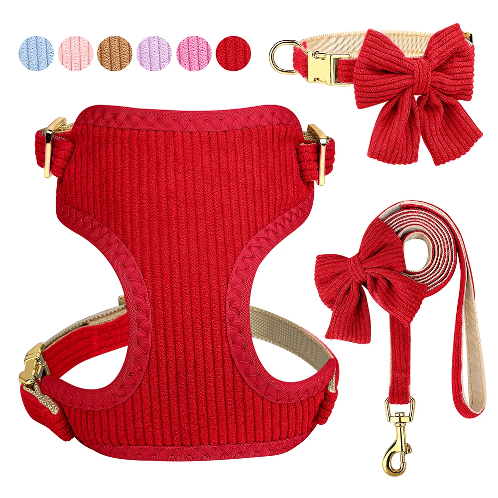 6 Color Dog Collar Harness and Leash 3pcs/Set Cute Bowknot Dogs Buckle Collars Pet Vest Harness Lead Leash Small Medium Dogs