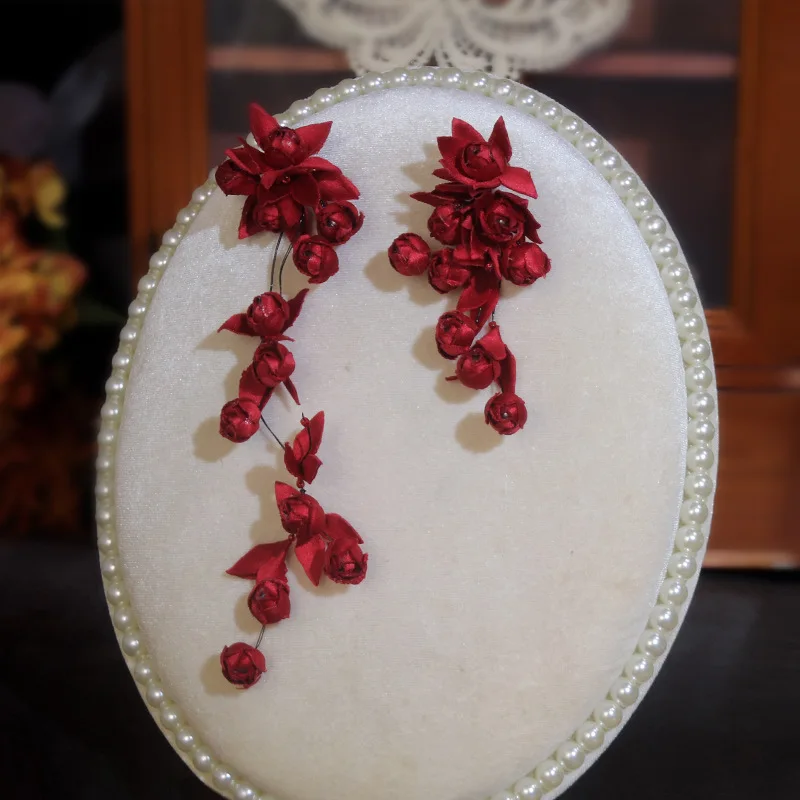 Long Red Fabric Satin Asymmetrical Lily of The Valley Drop Earrings, Fringed Flower Bud Floral Statement Jewelry for Women