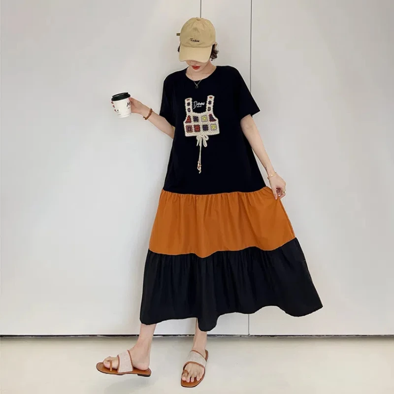 2024 Sommerkleider Frau neue lose plus Größe Patchwork Farbe T-Shirt Kleid ethnischen Urlaubs stil weibliche Robe Kleidung ke7773