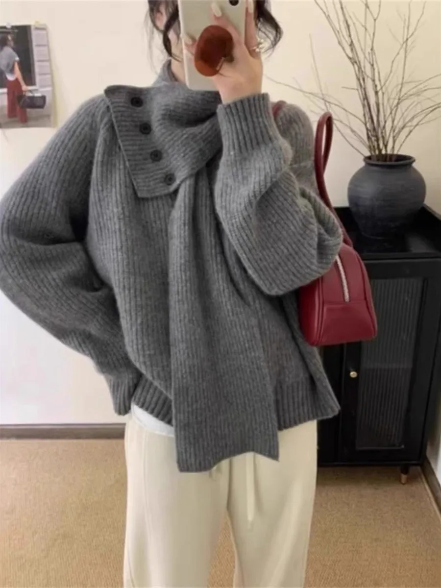 

Женский вязаный свитер Thiened с шиловым воротником, съемный теплый осенне-зимний модный повседневный длинный топ с v-образным вырезом