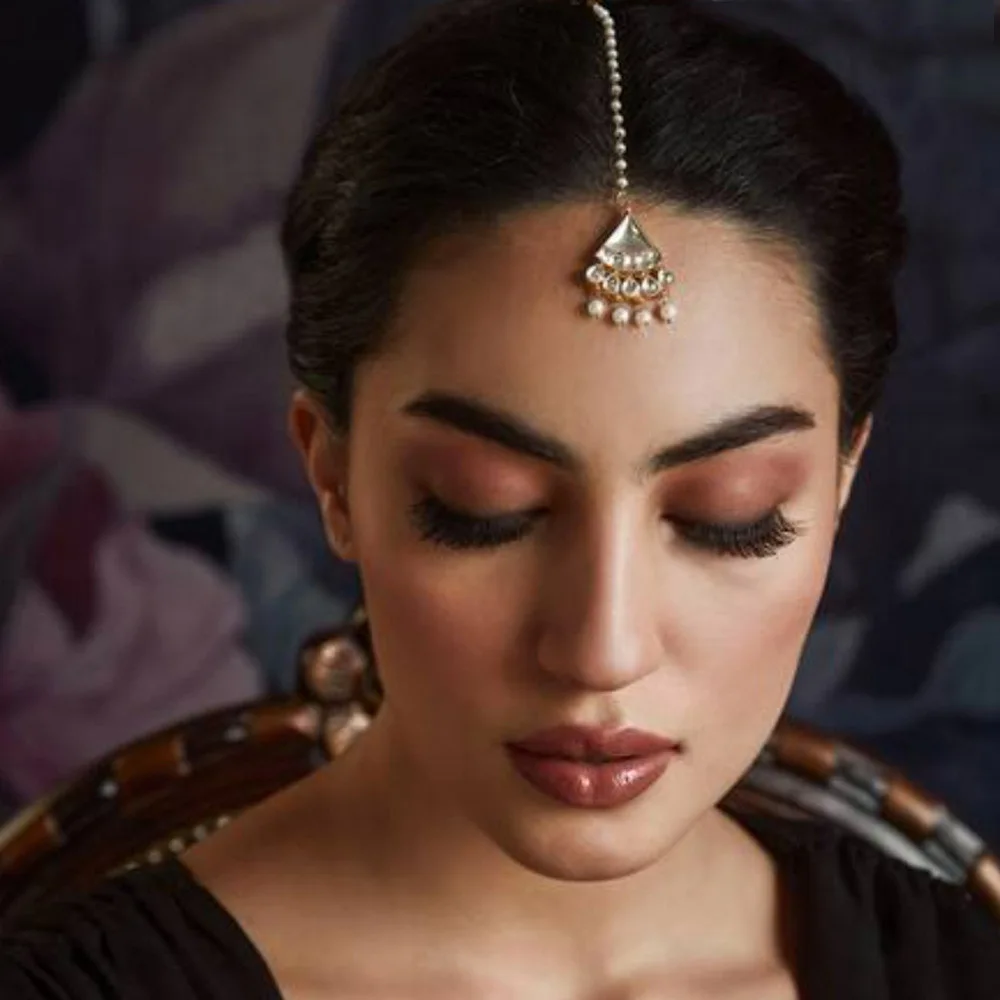 StoneFans Elegant Silver Indian Maang Tikka Headpiece Women Crystal Pearl Beads Traditional Forehead Head Chain Accessories