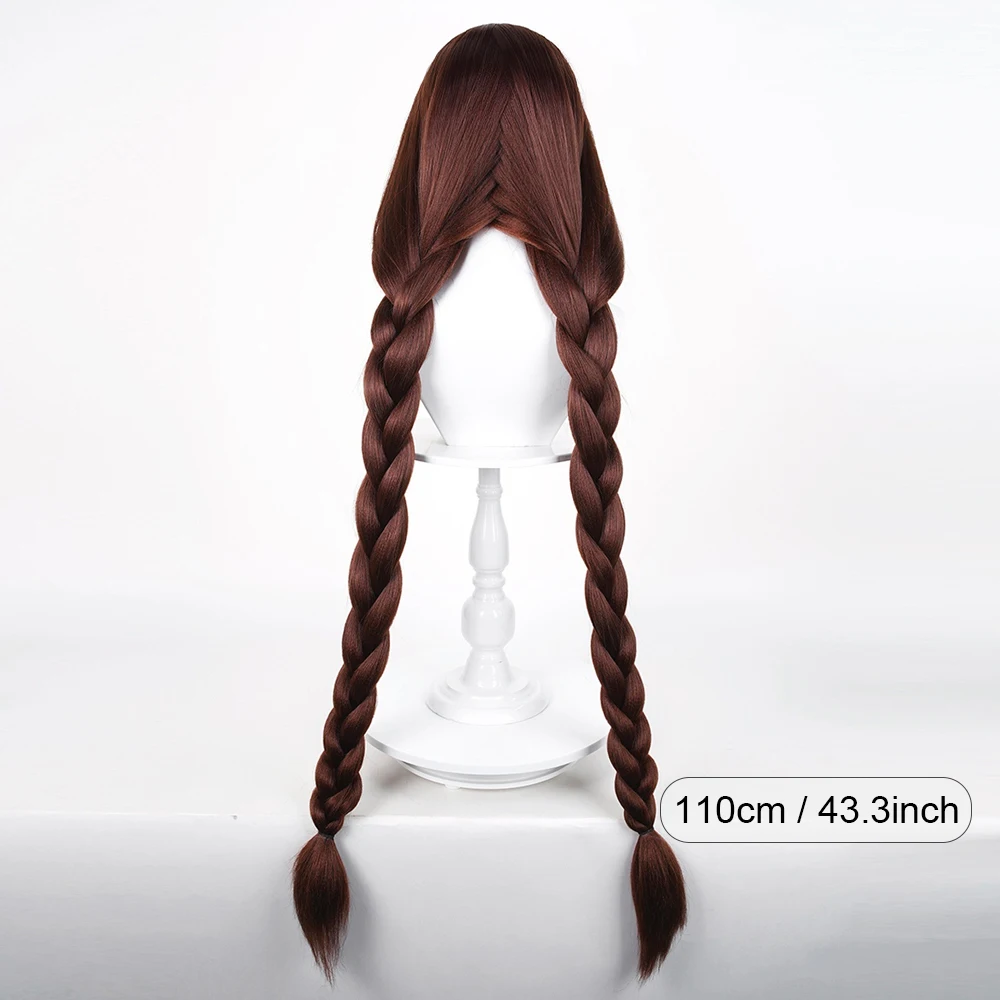 Brown Synthetic Long Straight Wigs with Bangs Double Braided Anime Game Cosplay Fluffy Wig for Daily Party