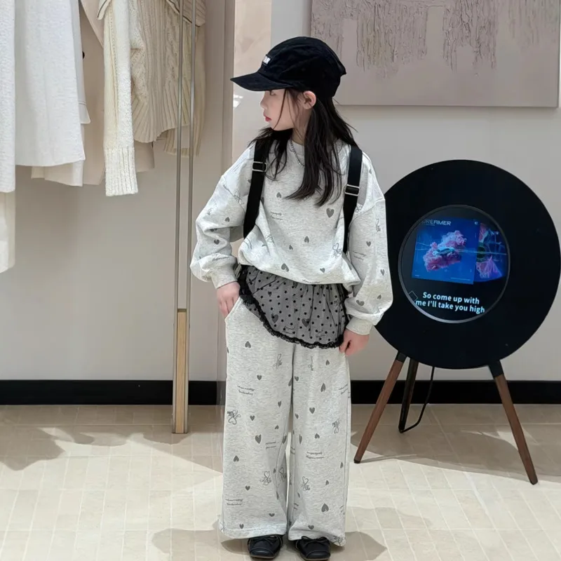 26 Spring Summer Korean Style Girl Full-Print Heart Pattern Casual Straight Pants 2Piece Set Causal Round-Neck 3-16 Years Outfit