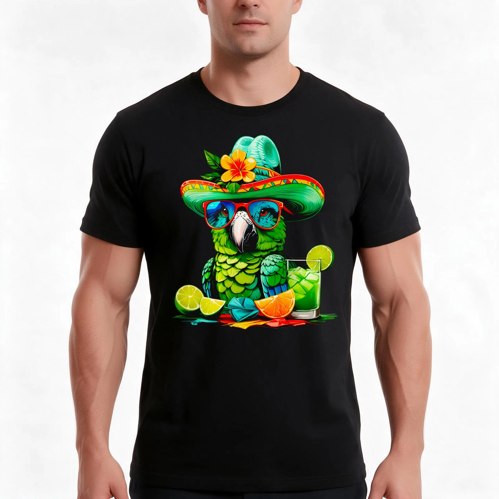 Fabulous Parrot Summer Vibes Sunglasses Refreshing Lime Cocktails T-Shirt Summer Casual Cotton Tee Oversized Streetwear Tops