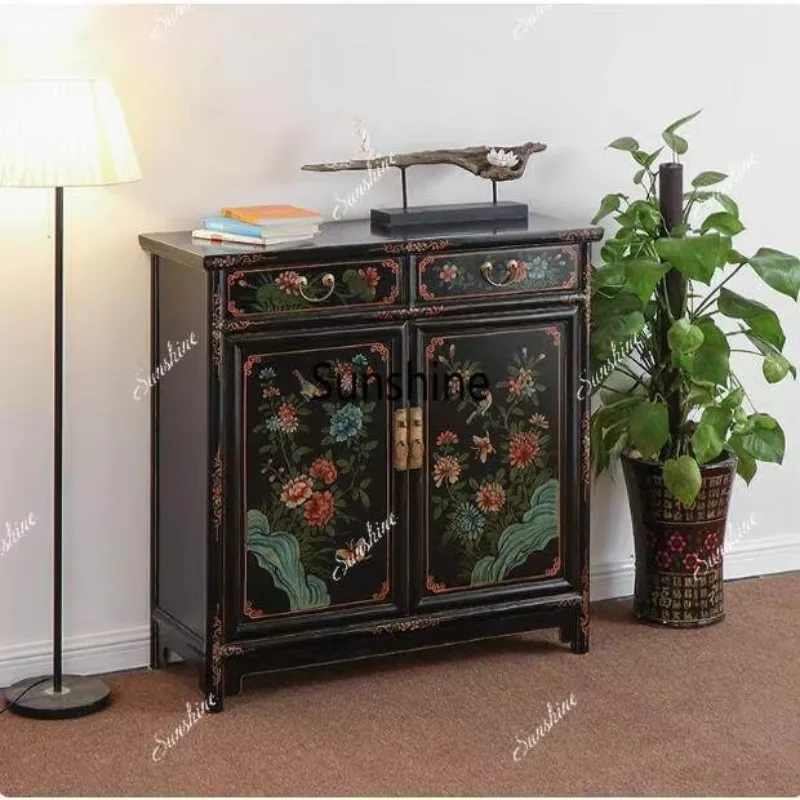 Hand-painted gold and copper flower solid wood furniture