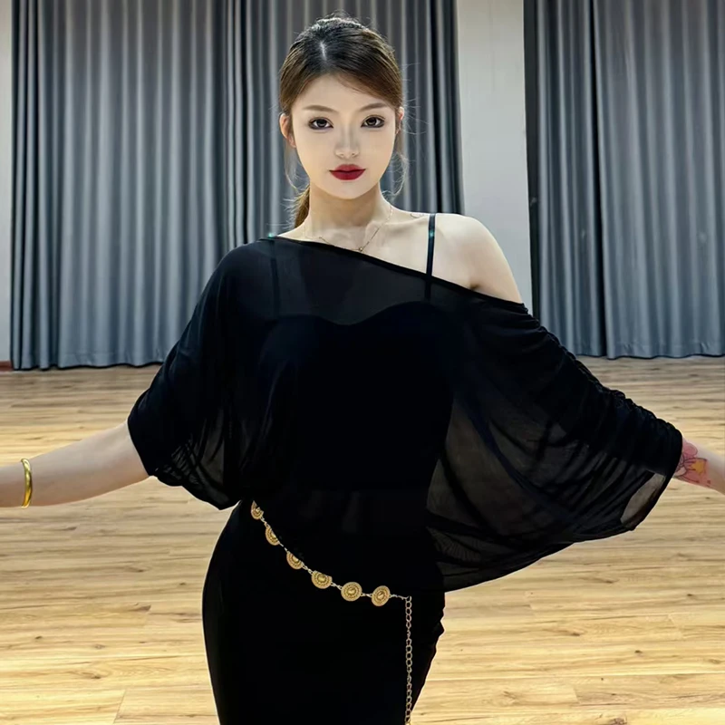 Oblique Shoulder Latin Dance Tops Women Ballroom Dance Performance Clothes Rumba Samba Dance Practice Clothing Black Top NV21964