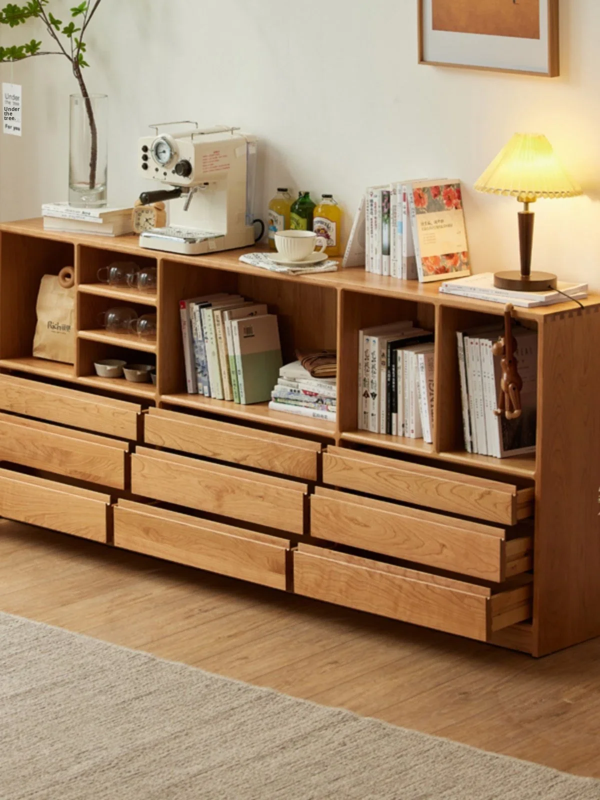 Solid wood low floor-to-ceiling Nordic TV cabinet with drawers and cherry wood shelves Living room locker