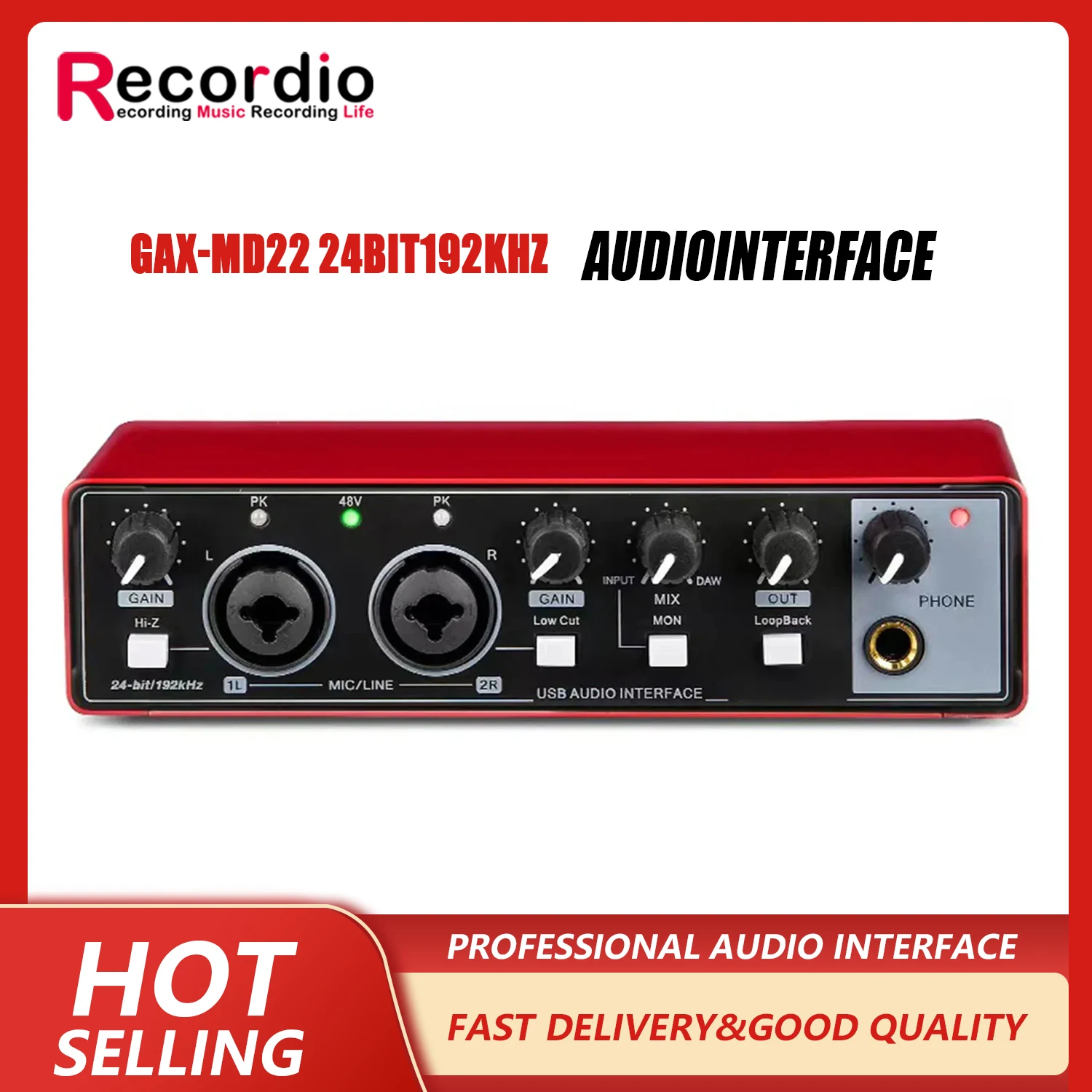 GAX-MD22 Recording Sound Card 48V Phantom Power24-bit/192 KHZ USB Audio Interface with LoopbackMonitor for Guitar Recording