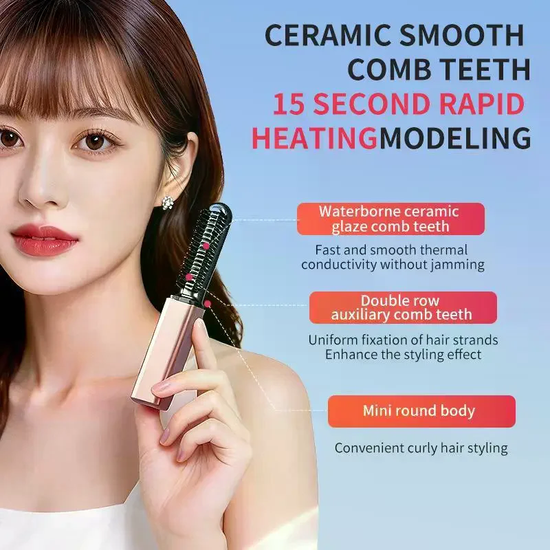 1 Set Wireless Charging Curling Iron Mini Straight Hair Comb Bangs Comb Portable Styling Electric Comb Does Not Hurt Hair