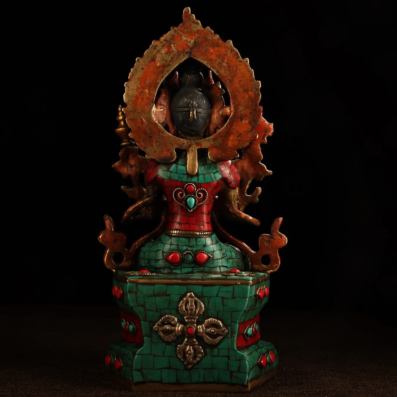 Old Bronze Outline in gold Mosaic Gem Turquoise Maitreya Bodhisattva Buddha  Amitabha Worship Hall
