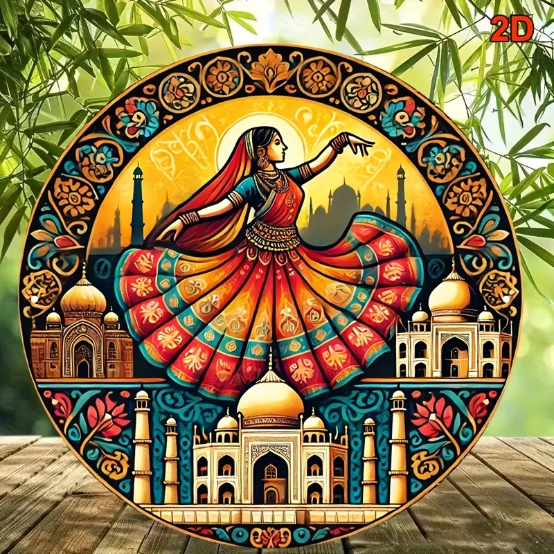 

Round Aluminum Sign, Retro Decorative Plaque about Indian Dancers and Taj Mahal, Indian Style Taj Mahal Dancer Decorative Plaque