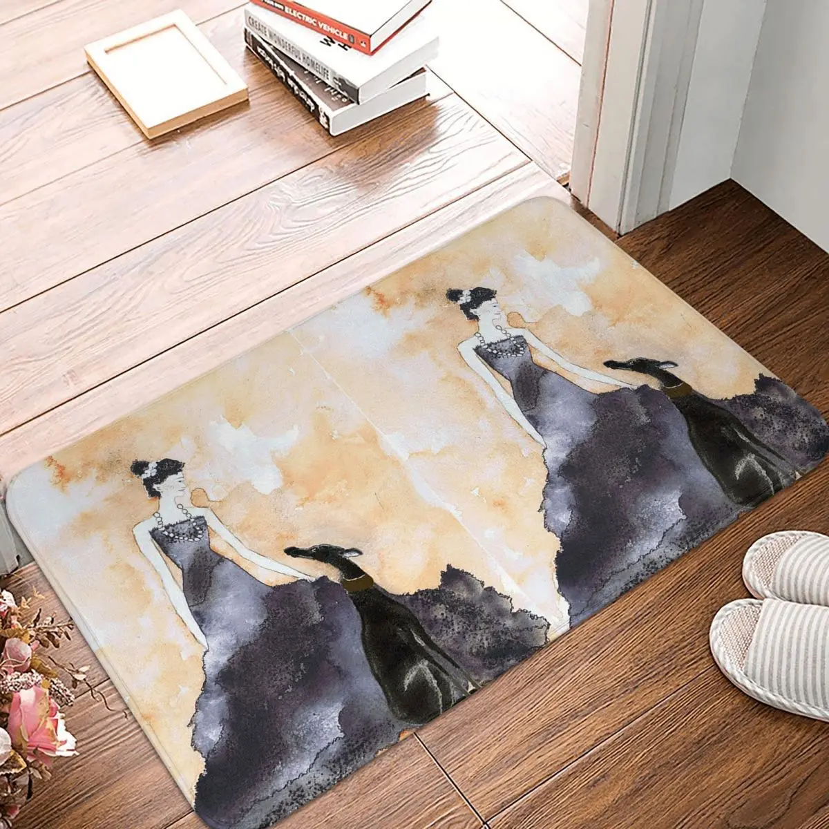 Art Deco Erte Greyhound Whippet Sighthound Dog And Woman Anti-slip Doormat Floor Mat Carpet Rug for Kitchen Entrance Footpad Mat