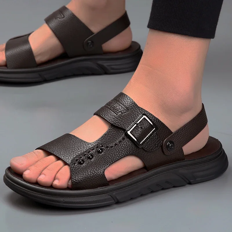 Ademende Sandalen Voor Zomerstrandschoenen Voor Heren, Supervezelleren Sandalen, Zachte Latex Kussentjes Met Zachte Zolen