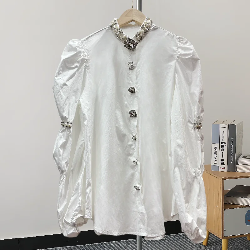 GVUW Beading Fashion Shirt Women Stand Collar Full Sleeve Single Breasted Solid Color New 2024 Niche Design Shirts 17G7775