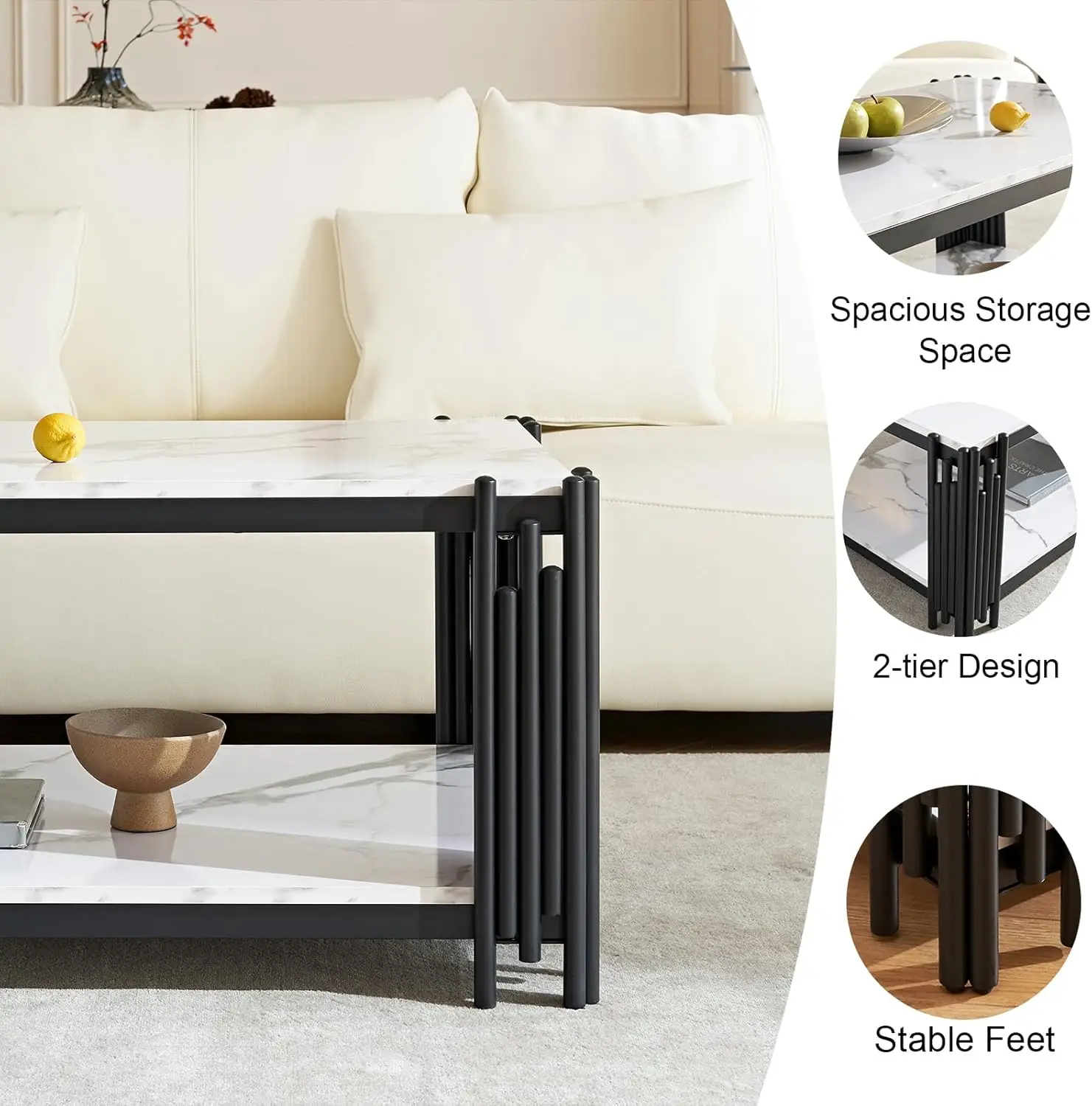 44.8" Modern 2-Tier Faux Marble Coffee Table - White Rectangular Center Table with Black Metal Frame,