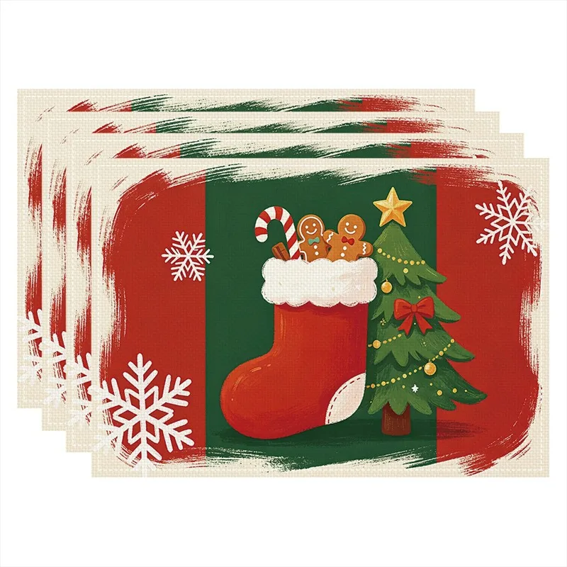 VIKAMA Linen Placemats Stocking Gingerbread Candy Cane, Red Green, Stain Resistant Easy to Clean, Dining Table Holiday