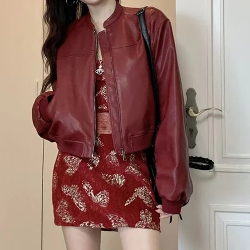 Autumn 2024 new Ankora wine red leather jacket for women, American retro zipper motorcycle jacket top  harajuku