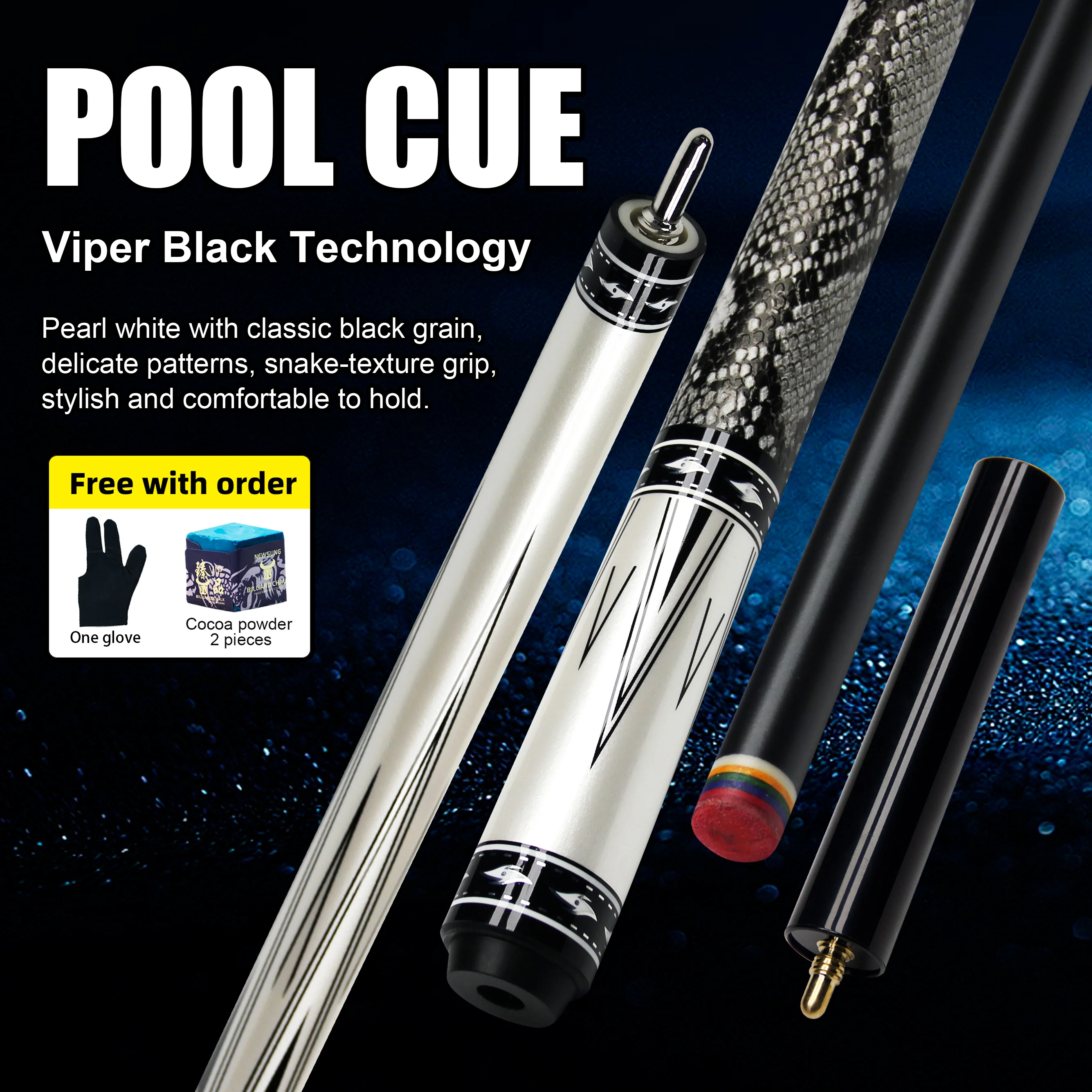 

Viper Carbon Fiber Pool Cue – Stainless Steel Joint, Multi-Layer Tip, Snake-Texture Grip, Free Glove & Chalk