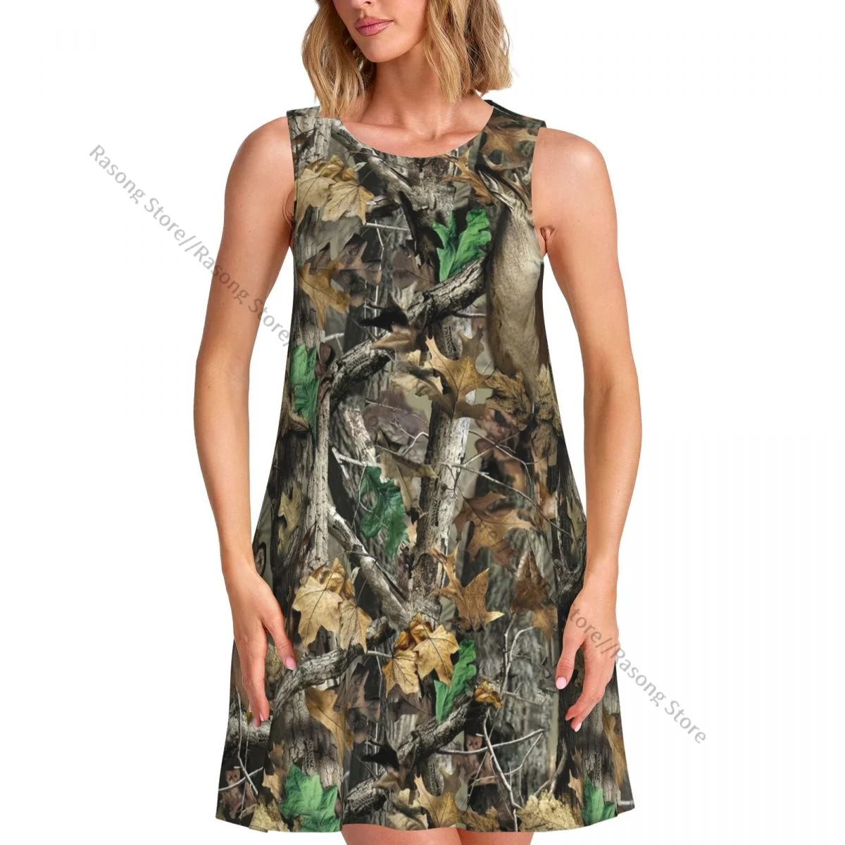 Vestido de chaleco de verano para mujer, vestidos femeninos sin mangas con árbol del bosque de camuflaje