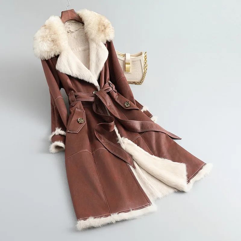 

PUDI 2024 Autumn and Winter Rabbit Fur Coat Parka Female Suit Lapel Wool Collar Long Warm Jacket CT422