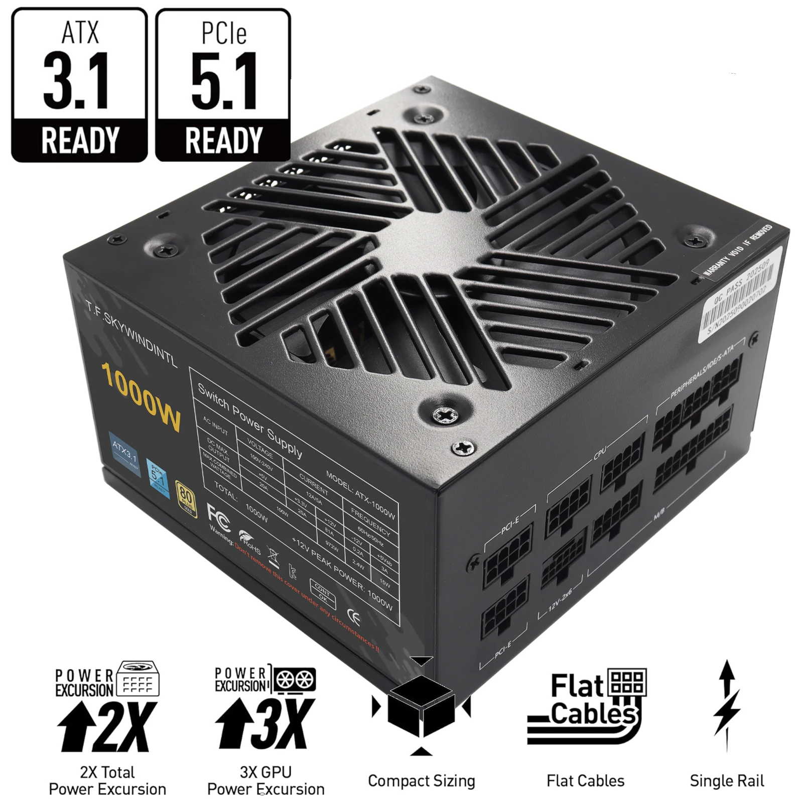 1000W ATX 3.1 PSU | 80 Plus Gold | Full Modular | Zero RPM Low-Noise Fan | PCIe 5.1 Ready | Gaming Power Supply | 105℃ Japanese Capacitors