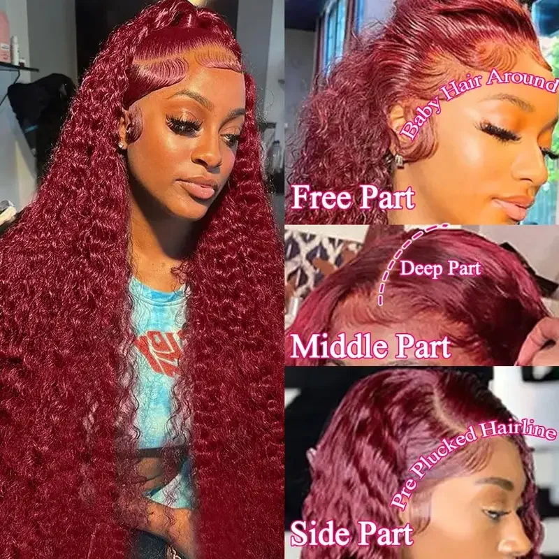 Burgundy Deep Wave 13x6 Lace Front Human Hair 30 40 Inch 13x4 Curly 250 Density Transparent Lace Frontal Wig Brazilian for Women