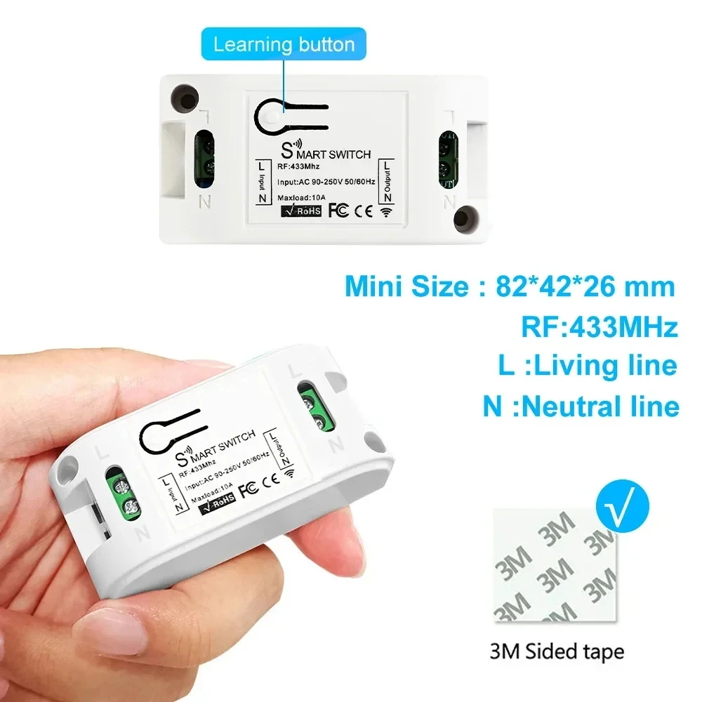 Four Color Optional High Gloss Rf433mhz Wireless Switches 10a Relay 1/2/3 Gang High-End Rebound Remote Control Wall Switch