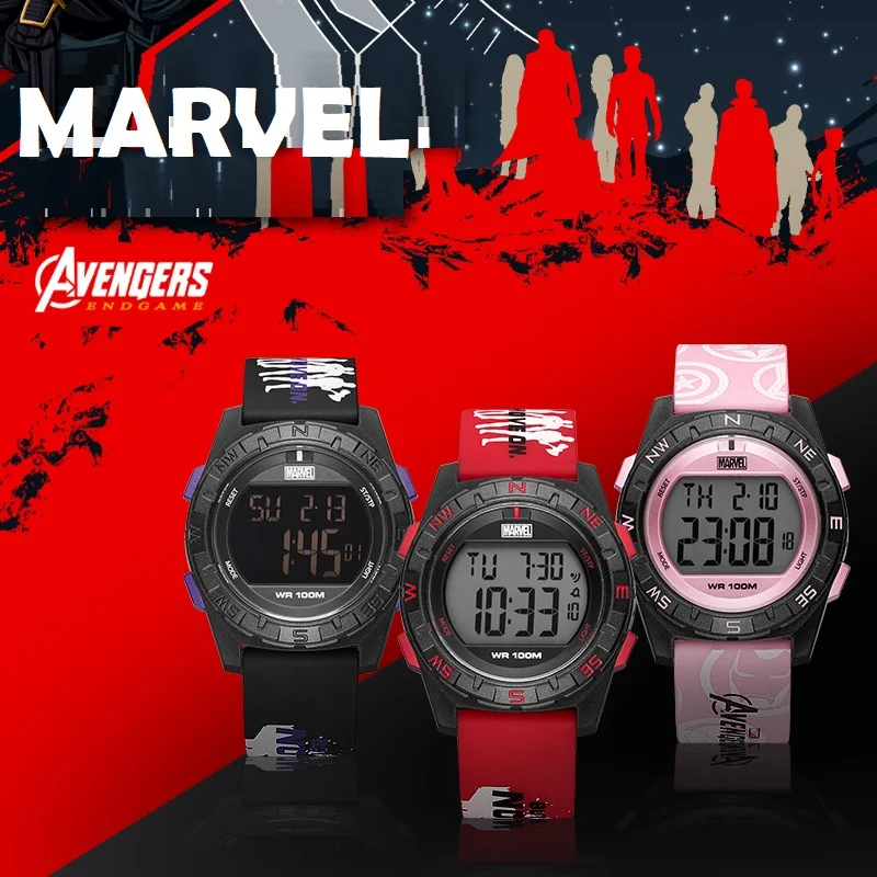 Marvel For Children Watch Avengers Sport Digital Wristwatch 100m Waterproof Boy Girl Unisex Student Multi Functions Alarm Clock