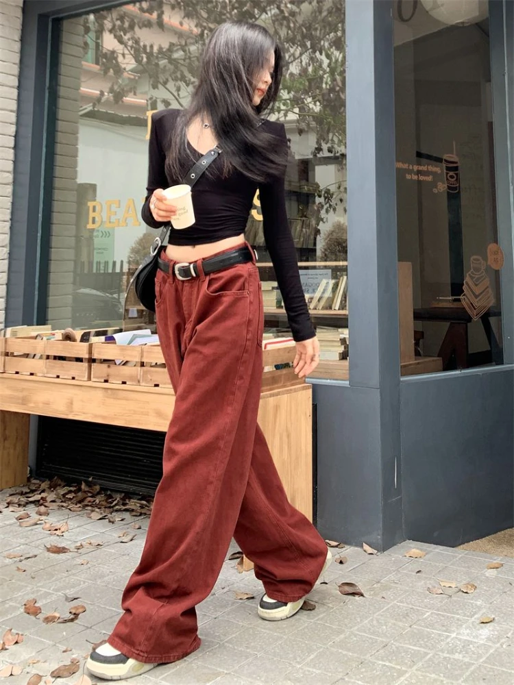 Calças de brim de perna larga feminina solta até o chão vermelho vintage all-match chique outono inverno império diário streetwear moda feminina ins