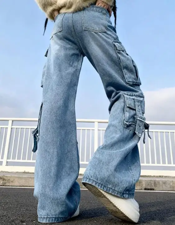 2025 Fashionable High Waisted Multi Pocket Design Workwear Style Jeans for Women, Fashionable High Street Style Workwear Jeans