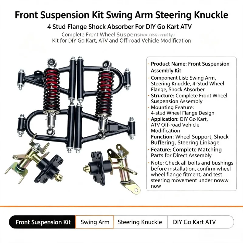 Front Suspension Kit Swing Arm Steering Knuckle 4 Stud Flange Shock Absorber For DIY Go Kart ATV