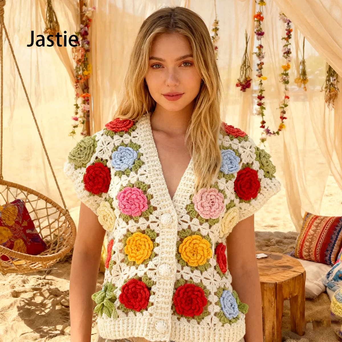 

2025 Holiday Bohemian Hand-Hooked Three-Dimensional Rose Hollow V-Neck Knitted Top Spring And Autumn Knitted Cardigan Vest